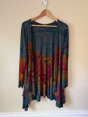 Kathmandu Dark Teal Tunic Cardigan with Pink and Orange Print